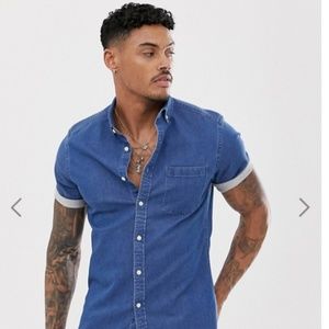 ASOS DESIGN stretch slim denim shirt in mid wash